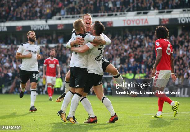 David Nugent of Derby County celebrates with Matej Vydra after scoring the second goal during the Sky Bet Championship match between Derby County and...