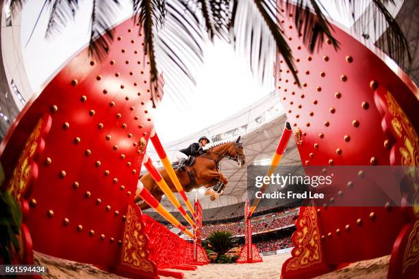 Lauren HOUGH of United States is seen during the jumping competition of the LONGINES Equestrian Beijing Masters 2017 at Birds Nest on October 15,...