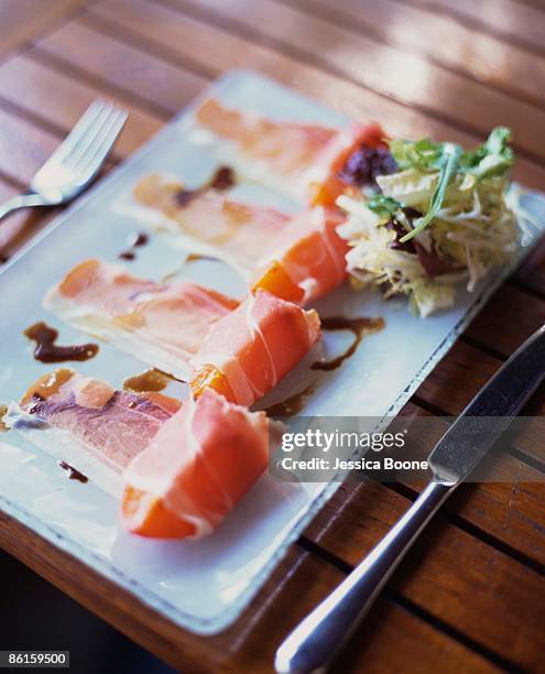 prosciutto appetizer with microgreens - prosciutto wrapped stock pictures, royalty-free photos & images