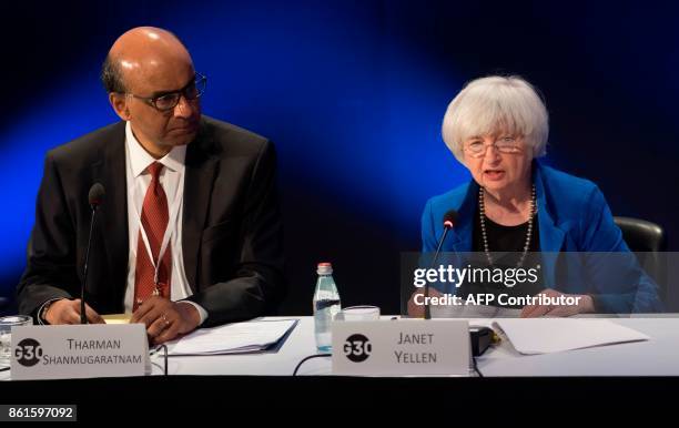 Federal Reserve Chair Janet Yellen speaks alongside Singapore's Deputy Prime Minister and G30 Chairman Tharman Shanmugaratnam during the 32nd Annual...