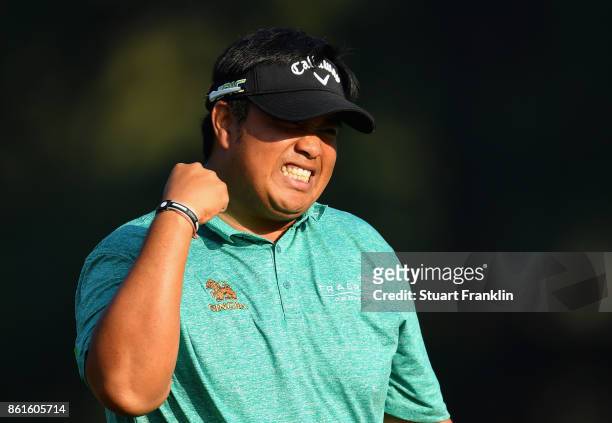 Kiradech Aphinbarnrat of Thailand celebrates an aproach shot during the final round of the 2017 Italian Open at Golf Club Milano - Parco Reale di...