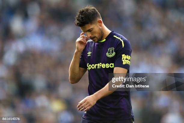 Kevin Mirallas of Everton reacts after the Premier League match between Brighton and Hove Albion and Everton at Amex Stadium on October 15, 2017 in...