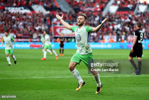 Jakub Blaszczykowski of VfL Wolfsburg celebrates after scoring a goal during the Bundesliga match between Bayer 04 Leverkusen and VfL Wolfsburg at...