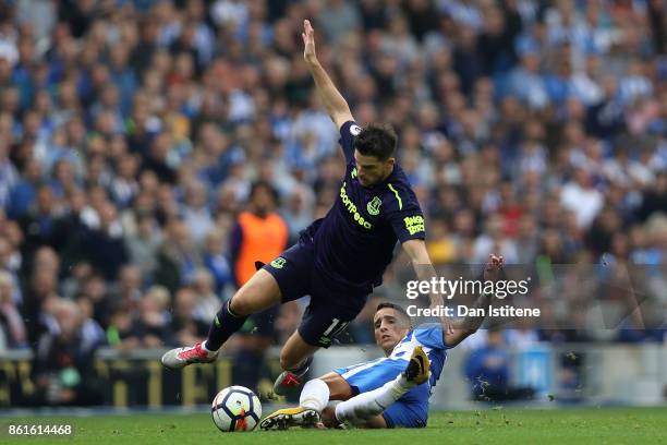 Kevin Mirallas of Everton and Anthony Knockaert of Brighton and Hove Albion during the Premier League match between Brighton and Hove Albion and...