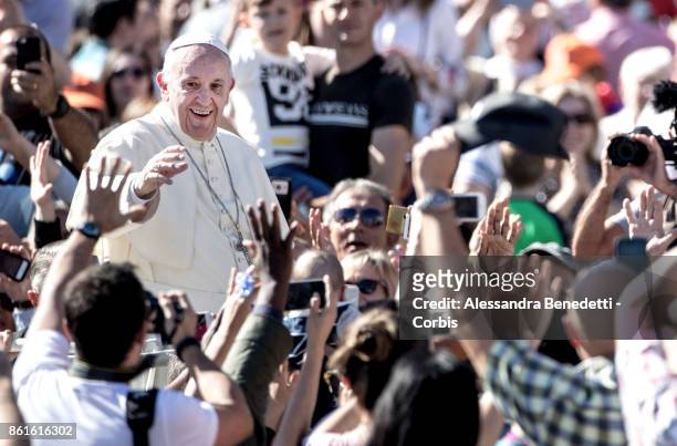 Pope Francis leads a canonisation ceremony on October 15, 2017 in Vatican City, Vatican. During a solemn mass celebrated in St. Peter's Square, Pope...