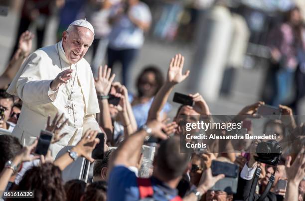 Pope Francis leads a canonisation ceremony on October 15, 2017 in Vatican City, Vatican. During a solemn mass celebrated in St. Peter's Square, Pope...