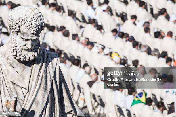 Pope Francis leads a canonisation ceremony on October 15, 2017 in Vatican City, Vatican. During a solemn mass celebrated in St. Peter's Square, Pope...