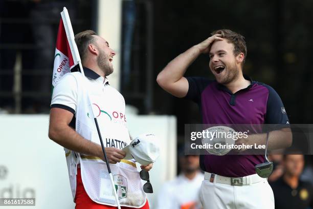 Tyrrell Hatton of England celebrates victory during the final round of the 2017 Italian Open at Golf Club Milano - Parco Reale di Monza on October...