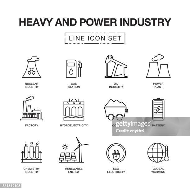 schwere und power industry line icons set - nuclear power station stock-grafiken, -clipart, -cartoons und -symbole