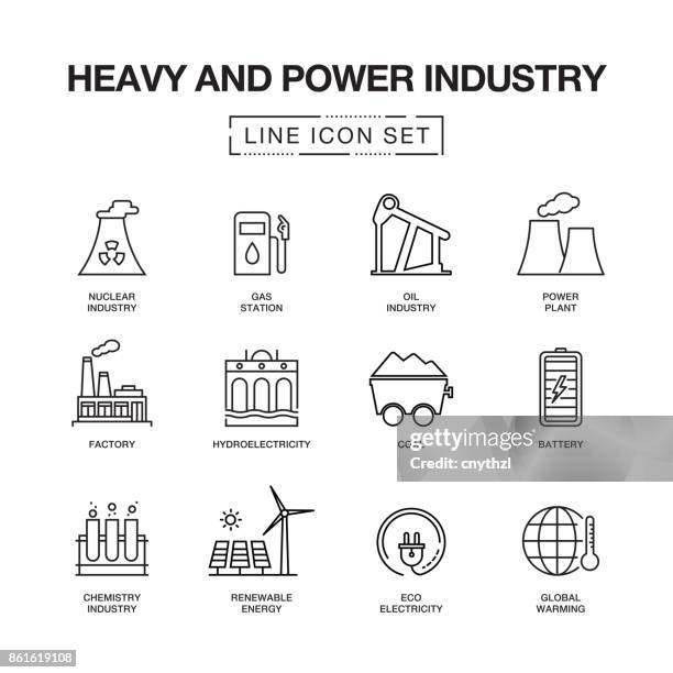 stockillustraties, clipart, cartoons en iconen met zwaar en macht industrie lijn icons set - nuclear power station