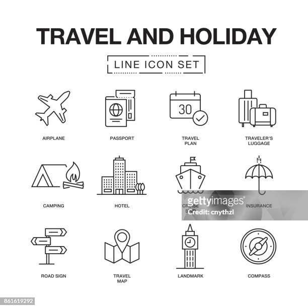 ilustraciones, imágenes clip art, dibujos animados e iconos de stock de conjunto de iconos de línea de vacaciones y viajes - hacer una reserva