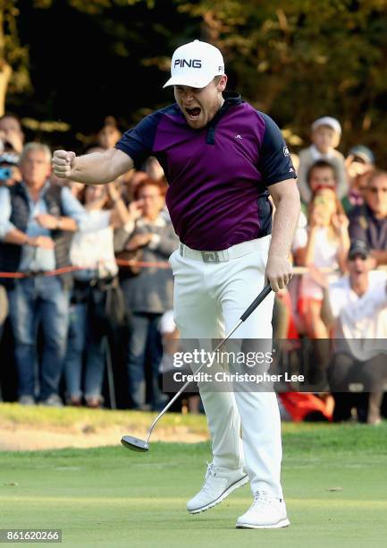 Tyrrell Hatton of England celebrates victory during the final round of the 2017 Italian Open at Golf Club Milano - Parco Reale di Monza on October...