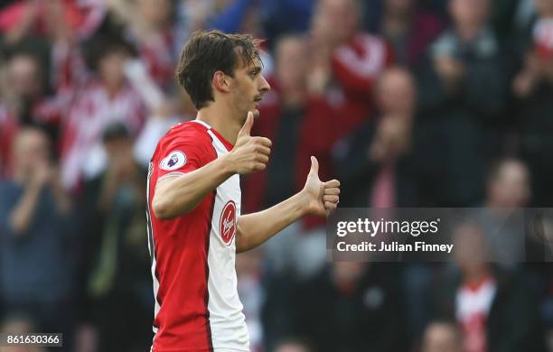 Manolo Gabbiadini of Southampton celebrates as he scores their first and equalising goal during the Premier League match between Southampton and...