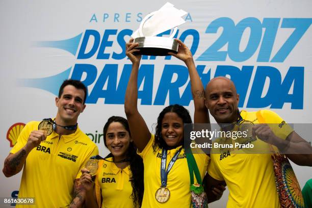 Bruno Fratus, Daynara de Paula, Etiene Medeiros and JoÃ£o Junior do Brasil, celebrate a victory during the Raia Rapida Challenge at the Maria Lenk...