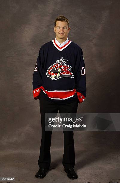 Number one overall draft pick Rick Nash, selected by the Columbus Blue Jackets, poses for a portrait during the NHL Entry Draft on June 22, 2002 at...