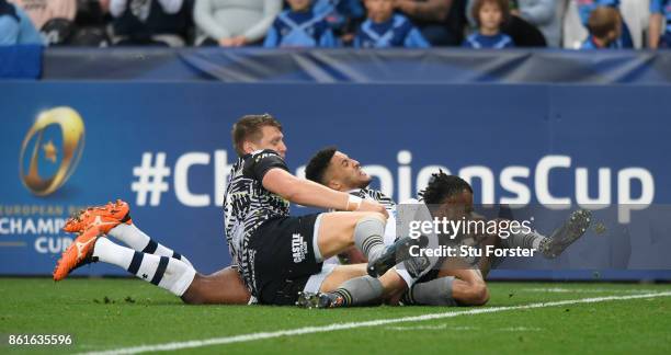 Clermont wing Alivereti Raka dives over to score the first try during the European Rugby Champions Cup match between Ospreys and ASM Clermont...