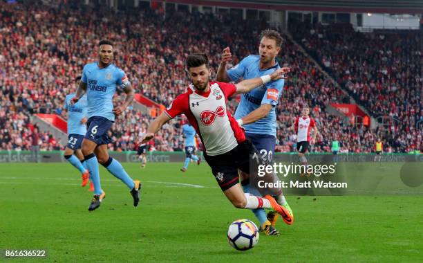 Southampton's Shane Long is brought down by Florain Lejeune to win a Penalty for Southampton during the Premier League match between Southampton and...