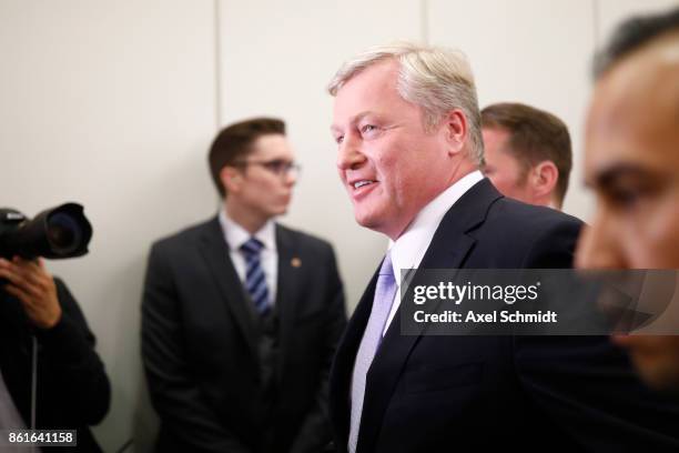 Bernd Althusmann, lead candidate of the German Christian Democrats , prepares to speak to supporters following initial results that give the CDU a...