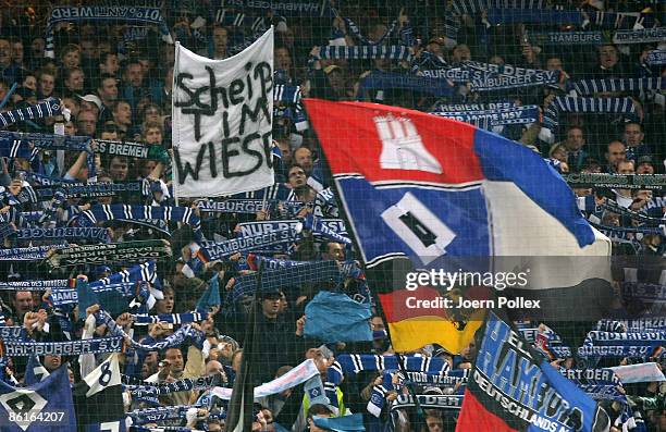 Fans of Hamburg show banner during the DFB Cup Semi Final match between Hamburger SV and SV Werder Bremen at the HSH Nordbank Arena on April 22, 2009...