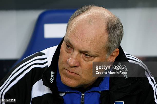 Martin Jol, head coach of Hamburg is seen prior to the during the DFB Cup Semi Final match between Hamburger SV and SV Werder Bremen at the HSH...