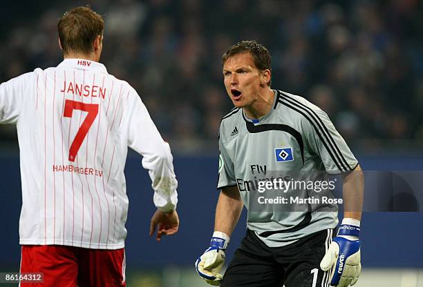 Frank Rost, goalkeeper of Hamburg screams to team mate Marcell Jansen during the DFB Cup Semi Final match between Hamburger SV and SV Werder Bremen...