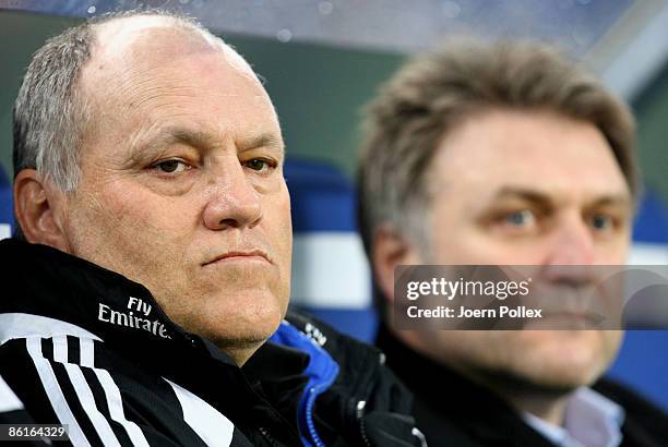 Head coach Martin Jol and manager Dietmar Beiersdorfer of Hamburg are seen prior to the DFB Cup Semi Final match between Hamburger SV and SV Werder...