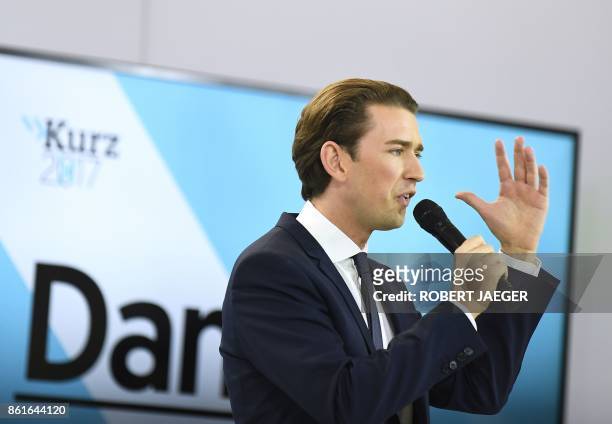 Austria's Foreign Minister and leader of Austria's centre-right People's Party Sebastian Kurz reacts during the party's election event following the...