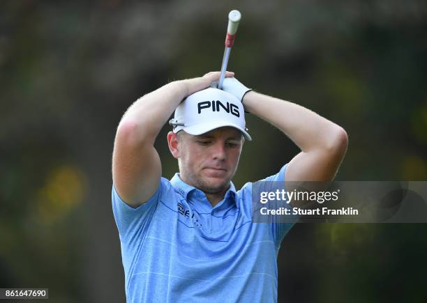 Matt Wallace of England reacts during the final round of The Italian Open at Golf Club Milano - Parco Reale di Monza on October 15, 2017 in Monza,...