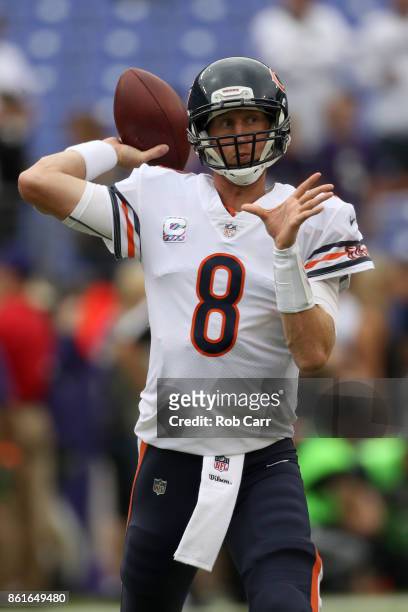 Quarterback Mike Glennon of the Chicago Bears warms up prior to game against the Baltimore Ravens at M&T Bank Stadium on October 15, 2017 in...
