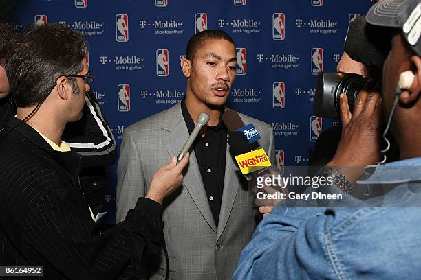 Derrick Rose of the Chicago Bulls speaks to reporters following the press conference where he was awarded the Eddie Gottlieb trophy presented to the...