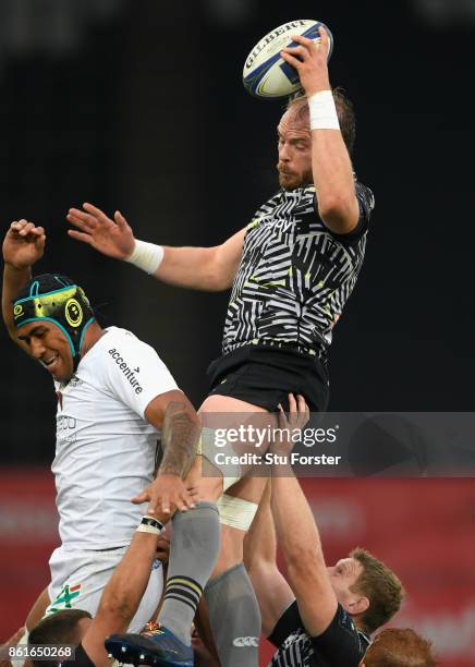 Alun Wyn Jones of Ospreys wins a line out ball during the European Rugby Champions Cup match between Ospreys and ASM Clermont Auvergne at Liberty...