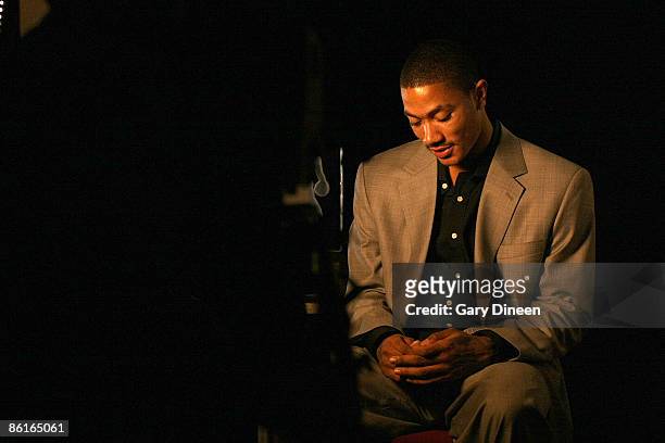 Derrick Rose of the Chicago Bulls pauses prior to a video interview after receiving the Eddie Gottlieb trophy presented to the T-Mobile NBA Rookie of...