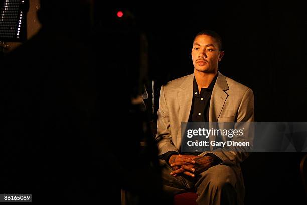 Derrick Rose of the Chicago Bulls pauses during a video interview after receiving the Eddie Gottlieb trophy presented to the T-Mobile NBA Rookie of...