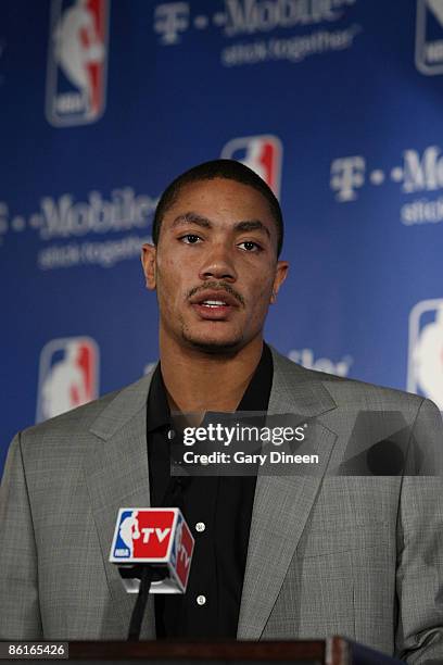 Derrick Rose of the Chicago Bulls speaks during a press conference during which he was awarded the Eddie Gottlieb trophy presented to the T-Mobile...