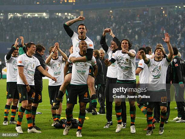 The team of Bremen celebrates after the DFB Cup Semi Final match between Hamburger SV and SV Werder Bremen at the HSH Nordbank Arena on April 22,...