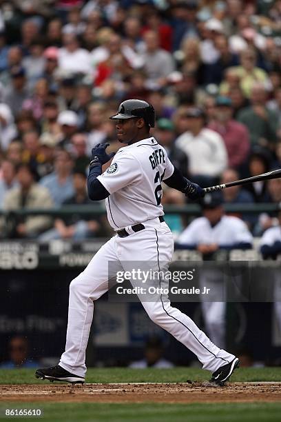 Ken Griffey Jr. #24 of the Seattle Mariners bats against the Detroit Tigers during the game on April 19, 2009 at Safeco Field in Seattle, Washington.