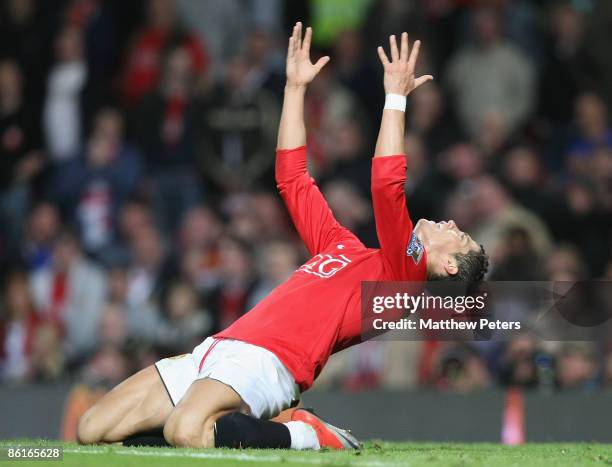 Cristiano Ronaldo of Manchester United shows his disappointment at an offside decision during the Barclays Premier League match between Manchester...
