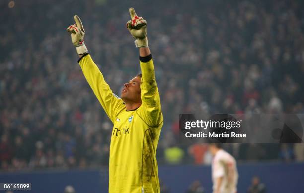 Tim Wiese, goalkeeper of Bremen celebrates after the DFB Cup Semi Final match between Hamburger SV and SV Werder Bremen at the HSH Nordbank Arena on...