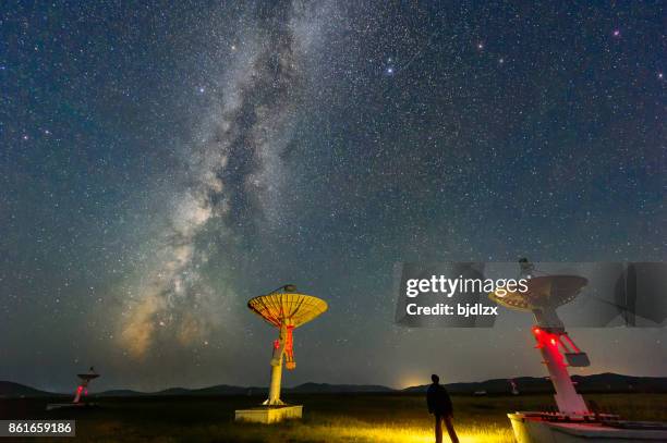 the radio spectrum imager array under the milky way galaxy - astrophysics stock pictures, royalty-free photos & images
