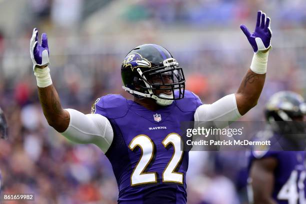 Cornerback Jimmy Smith of the Baltimore Ravens reacts during the first quarter against the Chicago Bears at M&T Bank Stadium on October 15, 2017 in...