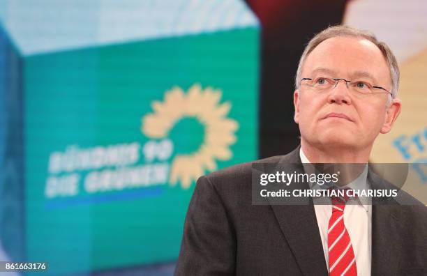 Lower Saxony's State Premier Stephan Weil of the Social democratic SPD party looks on ahead of a television debate on the election results of the...