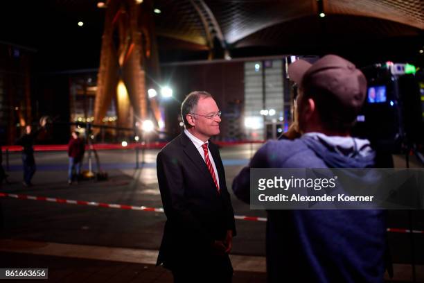 Stephan Weil, incumbent candidate of the German Social Democrats , speaks to the media following initial results that give the SPD a 1st-place finish...