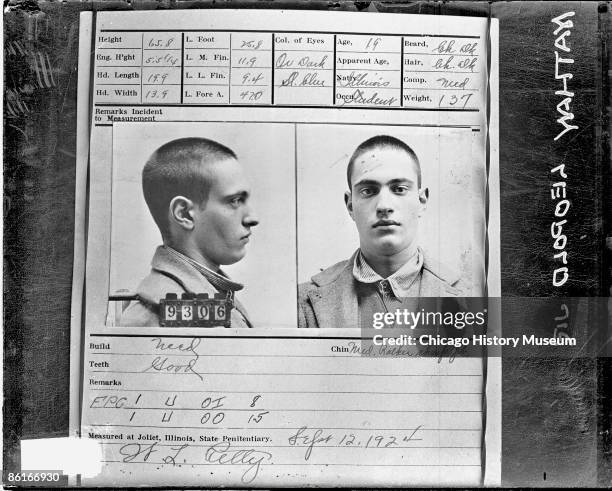 Image of two police photographs and physical records of Nathan Leopold, Jr., who, with Richard Loeb, murdered Bobby Franks and was subsequently...