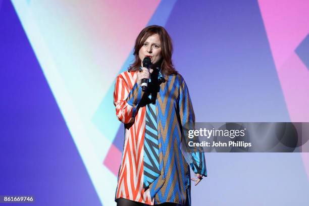 Festival Director Clare Stewart is seen on stage ahead of the UK Premiere of "Three Billboards Outside Ebbing, Missouri" at the closing night gala of...