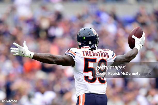 Inside Linebacker Danny Trevathan of the Chicago Bears celebrates after recovering a fumble in the second quarter against the Baltimore Ravens at M&T...