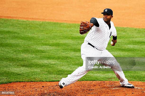 Sabathia of the New York Yankees pitches against the Oakland Athletics during their game on April 22, 2009 at Yankee Stadium in the Bronx borough of...