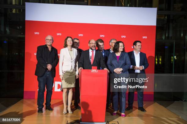 Chairman of the German Social Democratic Party Martin Schulz speaks after the announcement of a first projection of the election results in Lower...