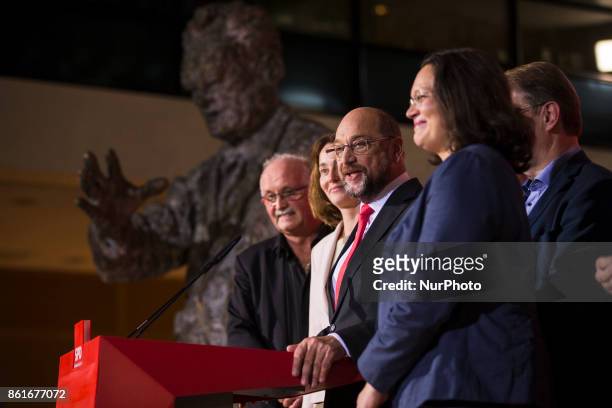 Chairman of the German Social Democratic Party Martin Schulz speaks after the announcement of a first projection of the election results in Lower...