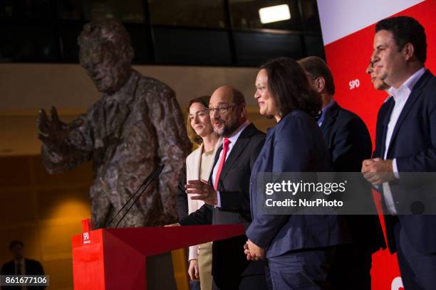 Chairman of the German Social Democratic Party Martin Schulz speaks after the announcement of a first projection of the election results in Lower...