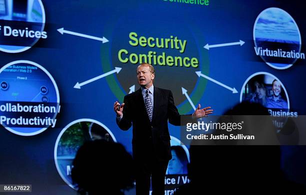 Cisco Chairman and CEO John Chambers delivers a keynote address during the RSA Conference April 22, 2009 in San Francisco, California. The Annual RSA...